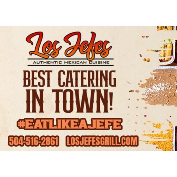 Los Jefes Grill catering advertisement with text "Best Catering in Town!" and contact information.