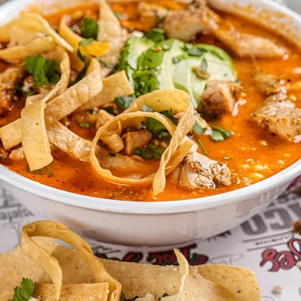 Close-up of Los Jefes Grill's tortilla soup with chicken, avocado, and tortilla strips.